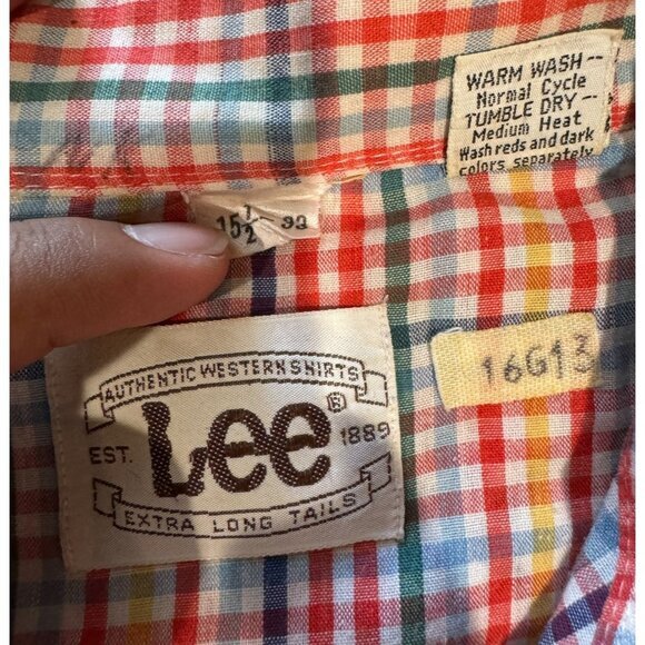 LEVIS Vtg Long Sleeve Peral Snap Plaid 15 1/2 33 Red Blue | Q1 - Picture 2 of 6